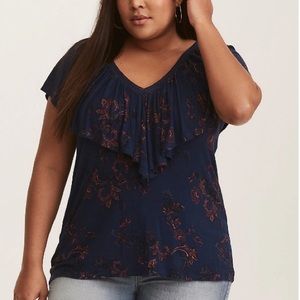 Torrid Navy Blue Paisley Ruffle Knit Top Sz. 3